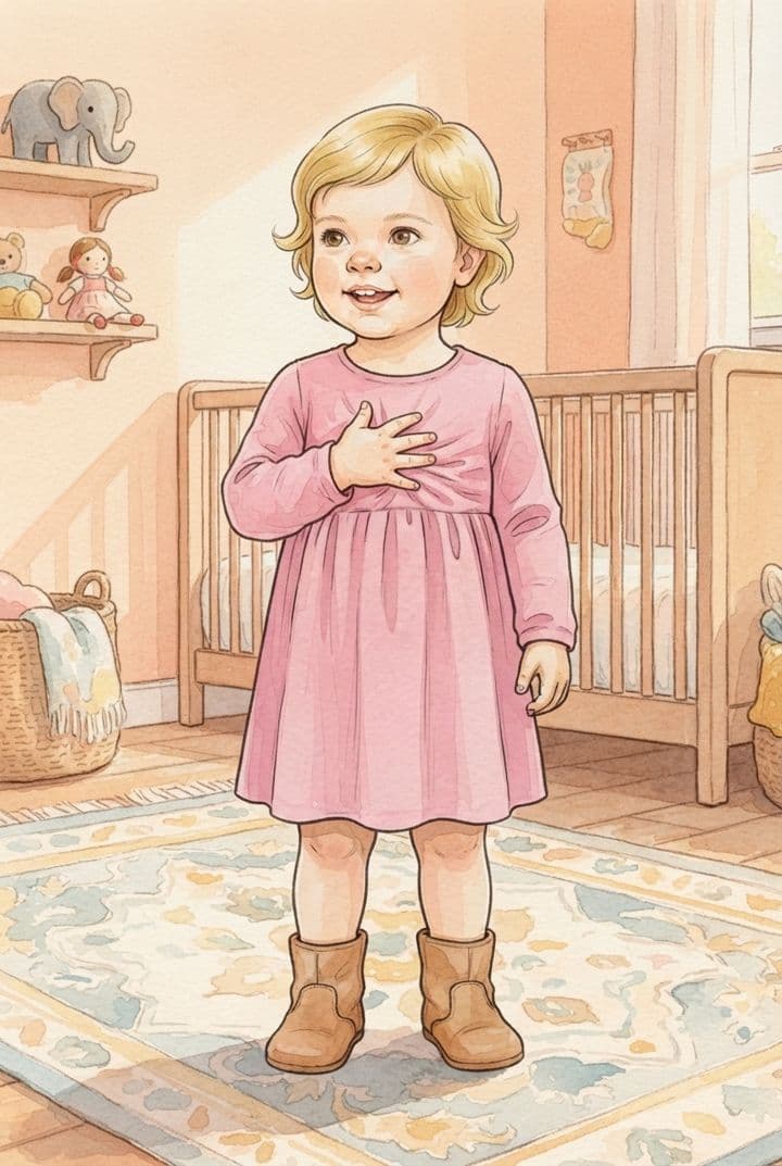 Menina loirinha de cabelo chanel e vestido rosa, a mesma em todas as cenas