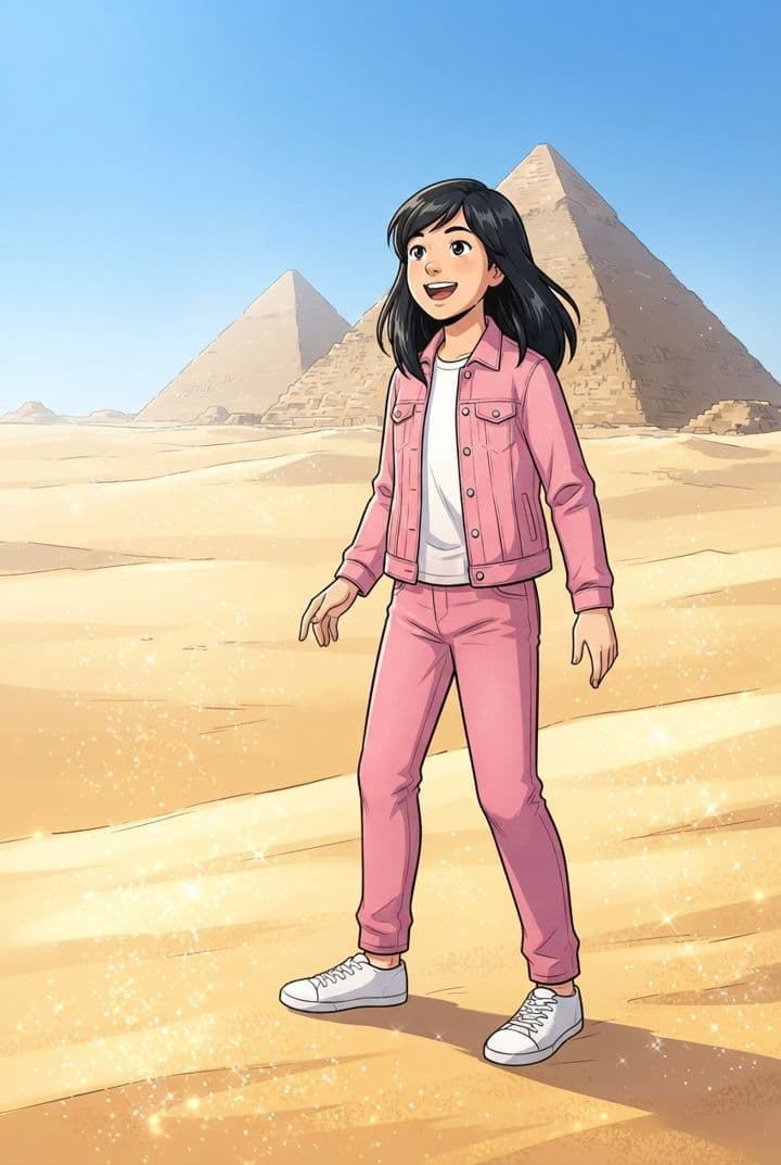 Menina de conjunto rosa caminhando no deserto diante das pirâmides