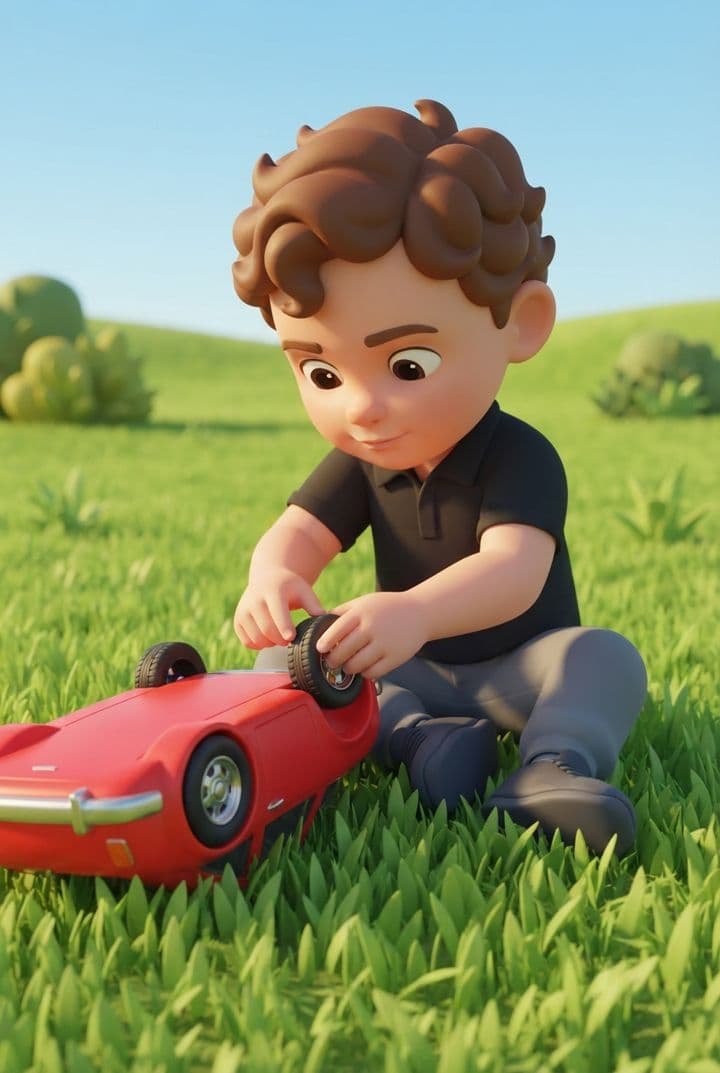 Ilustração em 3D de um menino consertando a roda de um carrinho de brinquedo na grama