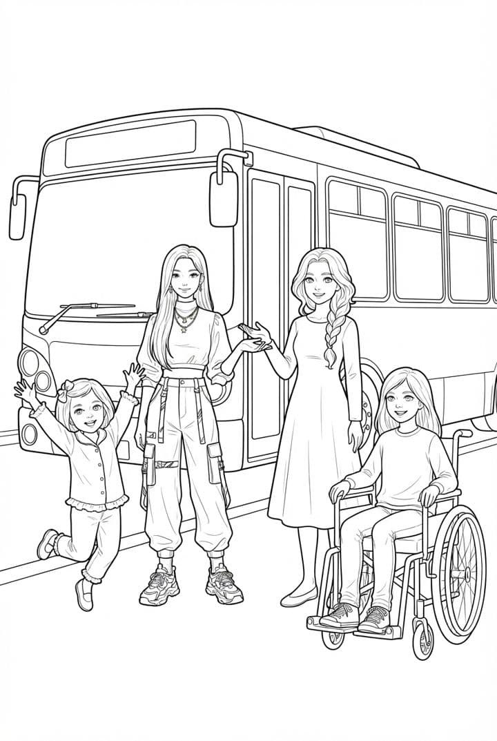 Página de colorir com uma família e amigos ao lado de um ônibus