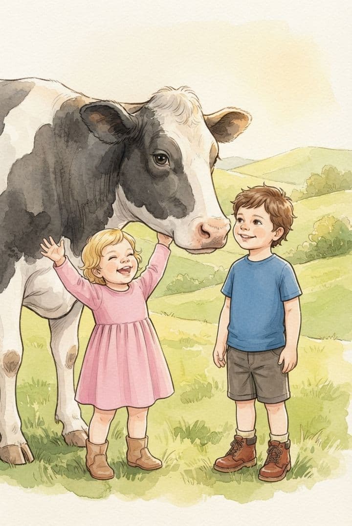 Irmãos felizes ao lado de uma vaca na fazenda