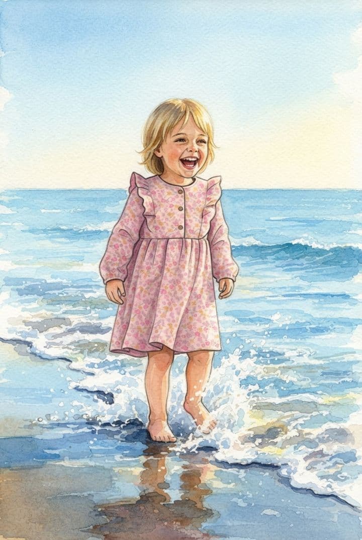 Menina rindo com os pés na água do mar