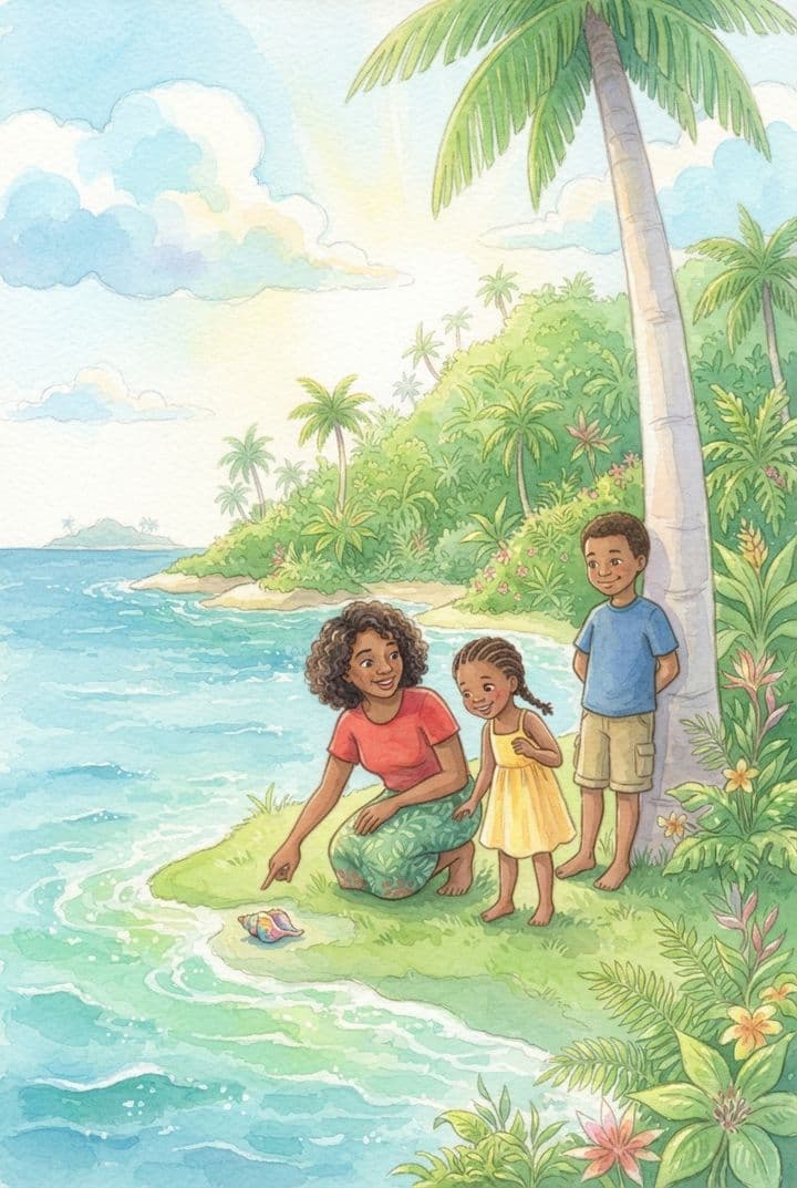 Mãe e filhos brincando na beira do mar numa praia com coqueiros