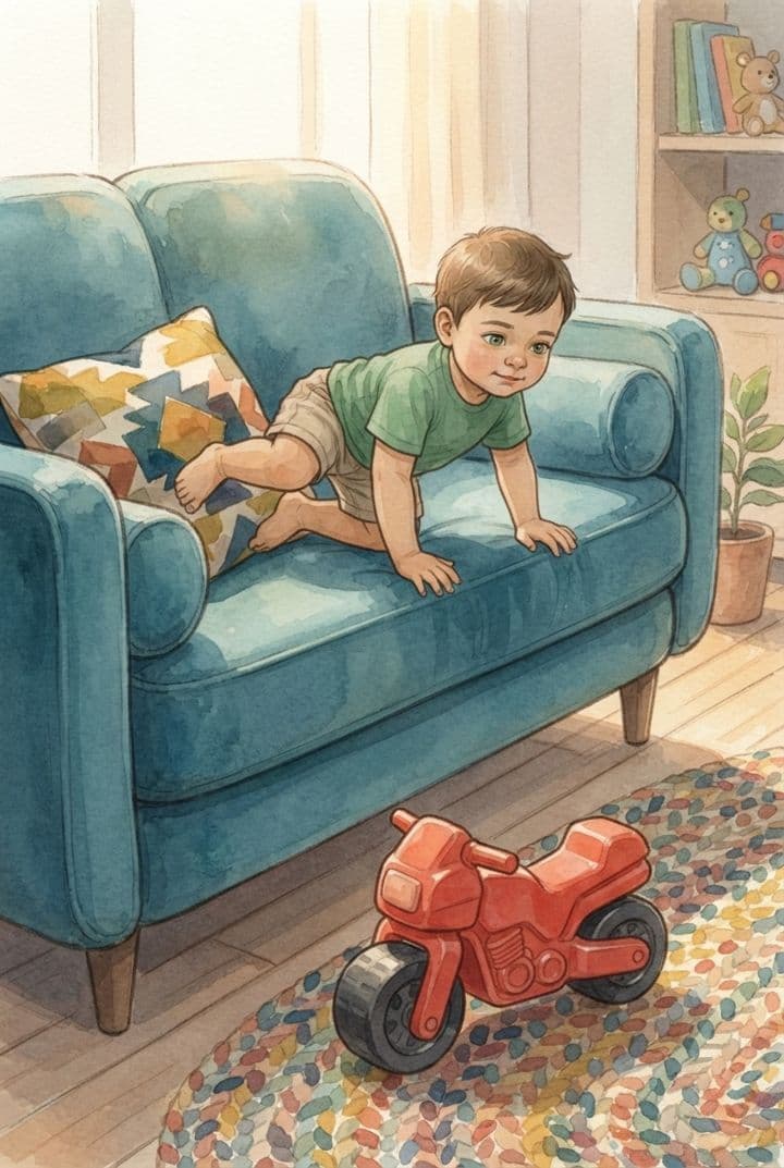 Menino subindo no sofá da sala ao lado de uma motinha de brinquedo