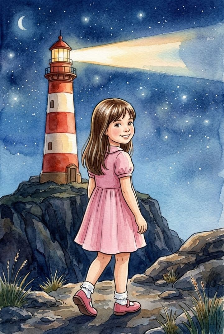 Ilustração em aquarela de uma menina caminhando perto de um farol sob o céu estrelado