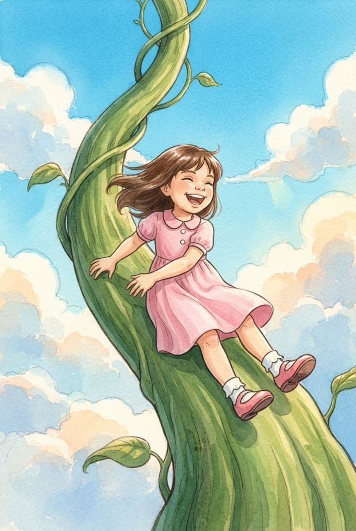 Menina escorregando feliz por um pé de feijão gigante entre as nuvens
