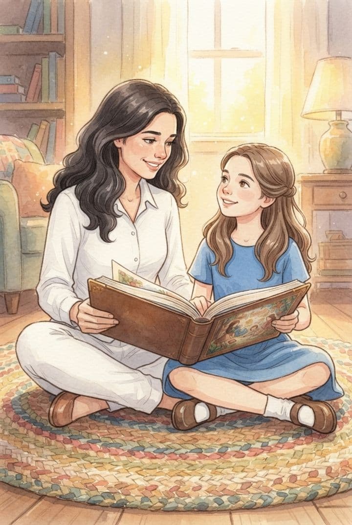 Mãe e filha sentadas no tapete lendo um livro juntas