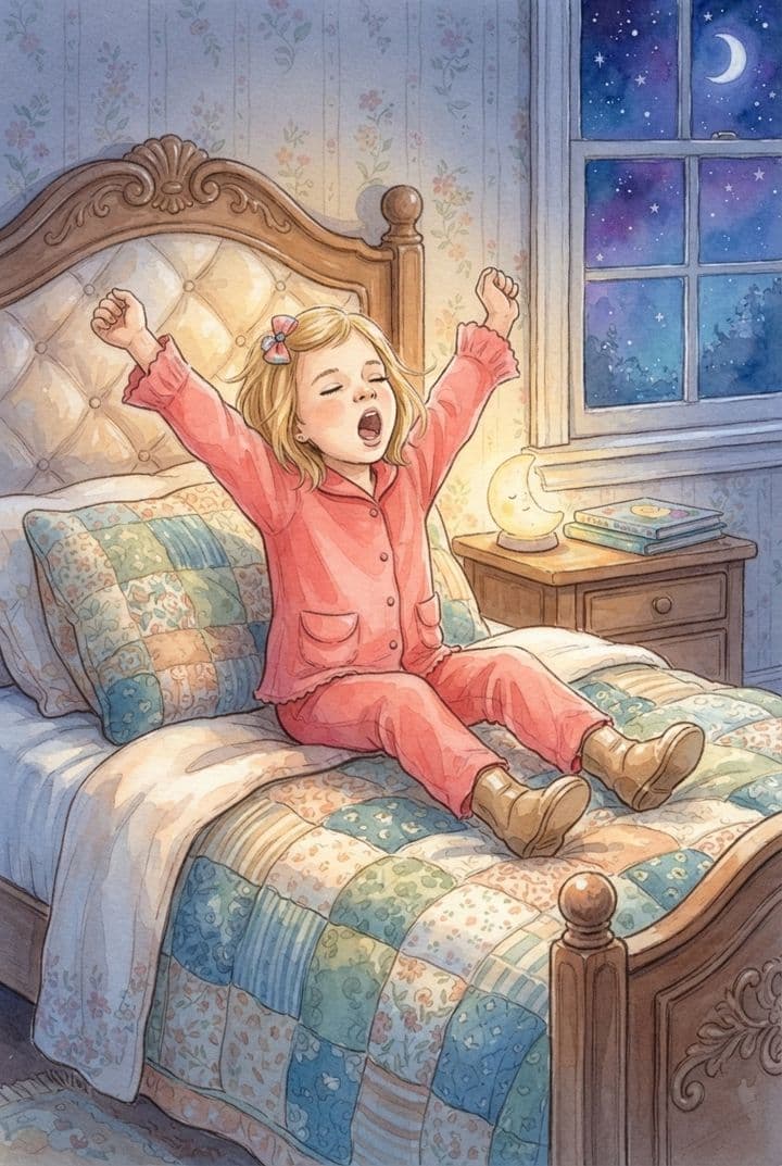 Menina de pijama se espreguiçando na cama numa noite de lua