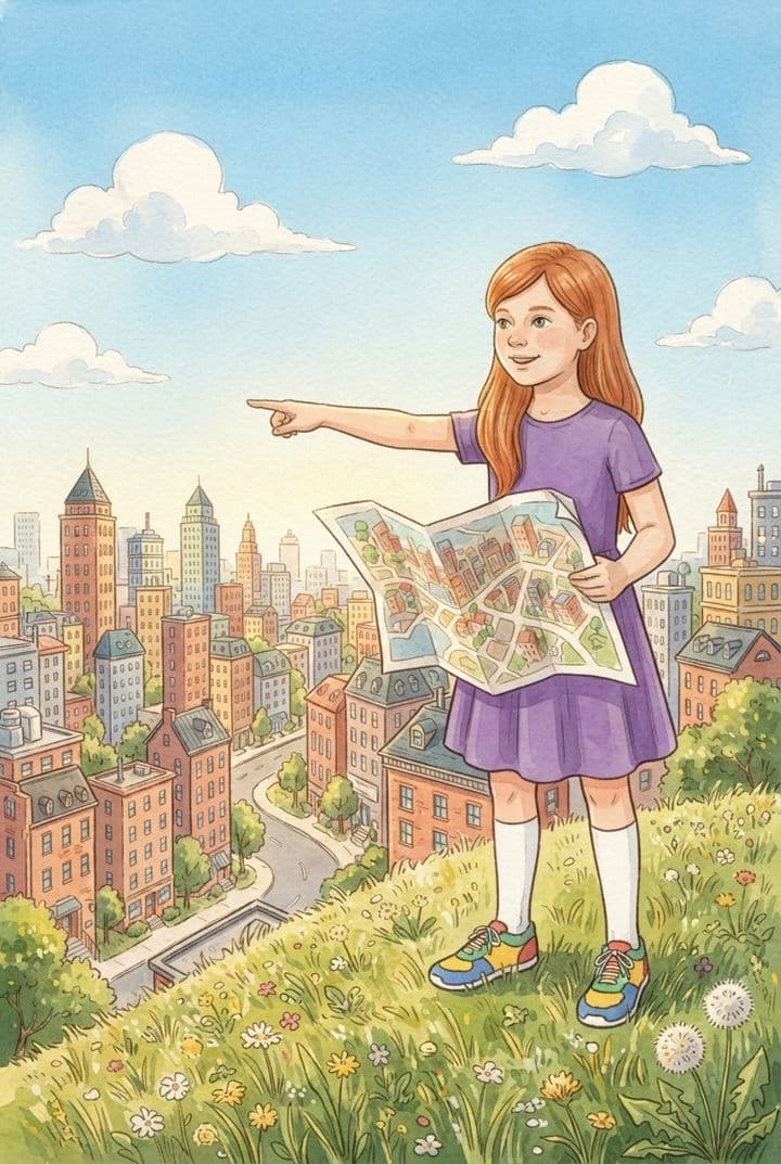 Contracapa ilustrada: menina com um mapa apontando para a cidade